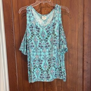 St. John's Bay Floral Cold Shoulder Blouse - Aqua